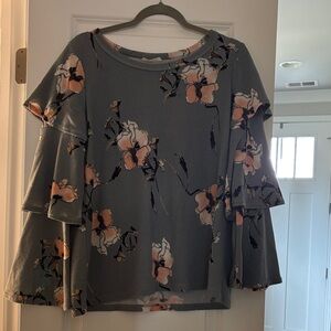 Promesa Gray Floral Ruffle Sleeve Blouse with Peach Blooms